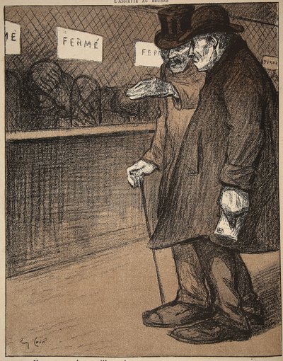 Deux messieurs âgés passant devant des comptoirs fermés, illustration de 