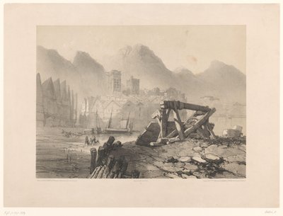 Vue de ville avec port et montagnes - Eugene Ciceri