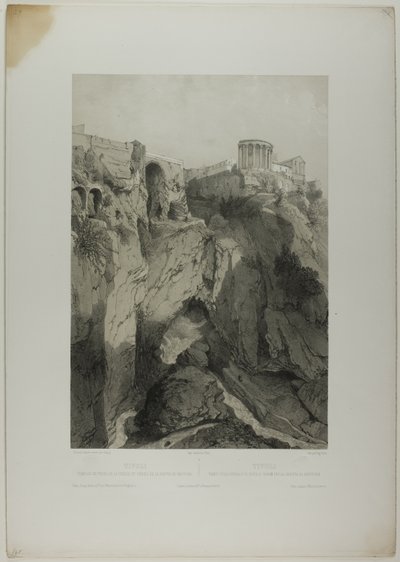 Tivoli : Les temples de Vesta et de la Sibylle, et les ruines de la grotte de Neptune, planche dix-neuf de Italie Monumentale et Pittoresque - Eugene Ciceri