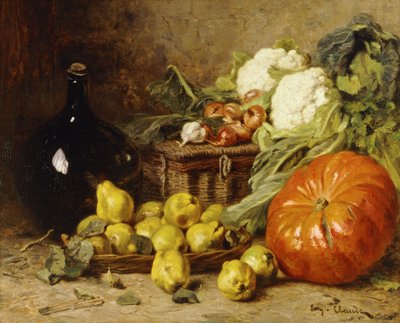 Nature morte avec une cruche à vin, un panier, des poires, des oignons, des choux-fleurs, des choux, de l