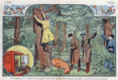 Une compagnie T.S.F. installe des microphones dans les forêts et les champs pour enregistrer et transmettre le chant des oiseaux. Illustration de Damblans dans « Le Pèlerin » du 21 mai 1933 - Eugene Damblans