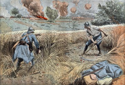 Un artilleur français fauche le blé pour tuer des Allemands, dessin par Damblans du journal français "Le Pèlerin" 30 juin - Eugene Damblans
