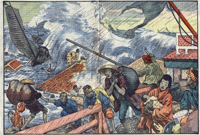 Un raz-de-marée et un typhon frappent le Japon. Illustration de Damblans. Dans « Le Pèlerin » du 2 octobre - Eugene Damblans