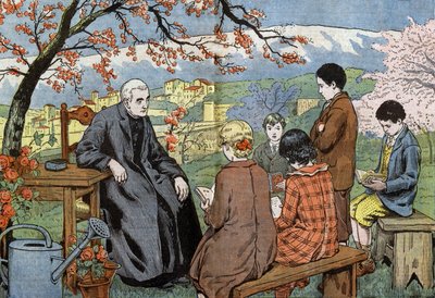 Un prêtre et de jeunes futurs communiants, dans un jardin, dessin par Damblans du journal "Le Pèlerin" 17 mai - Eugene Damblans