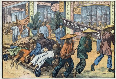 Guerre civile entre nationalistes et communistes en Chine : après les troubles communistes à Canton, les cadavres des victimes sont empilés sur des charrettes. Illustration de Damblans. Dans « Le Pèlerin » du 4 mars - Eugene Damblans
