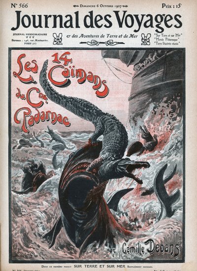 Crocodiles dévorés par des requins. Illustration de Damblans « Les quatorze caïmans du capitaine Padarnac » par Camille Debans (1834-1910). Gravure dans « Journal des Voyages » de 1907. - Eugene Damblans