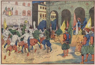 Florence, Italie : sur la place de la Seigneurie, une partie de « calcio », football du XVe siècle, a été reconstituée en costume d