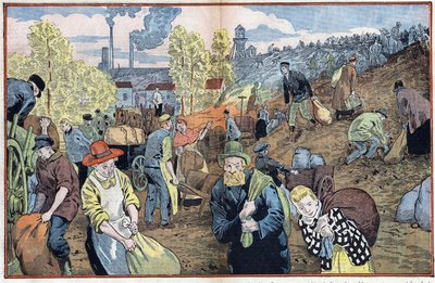 Les chasseurs cherchent des morceaux de charbon parmi les pierres extraites des mines pour se chauffer pendant l