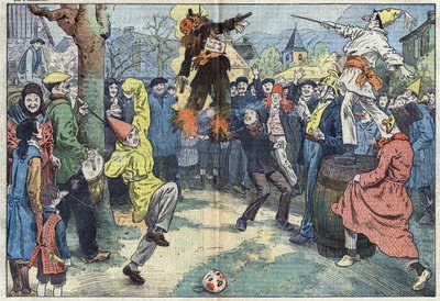 Vieilles coutumes : la crémation du « Carnaval », le soir du Mardi Gras, représente les plaisirs et les bonnes choses abandonnées au seuil du Carême. Illustration de Damblans. Dans « Le Pèlerin » du 16 mars - Eugene Damblans