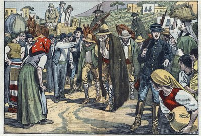 Brigands arrêtés par la police fasciste italienne. Sicile, Italie. Illustration de Damblans. Dans « Le Pèlerin » du 14 février. - Eugene Damblans