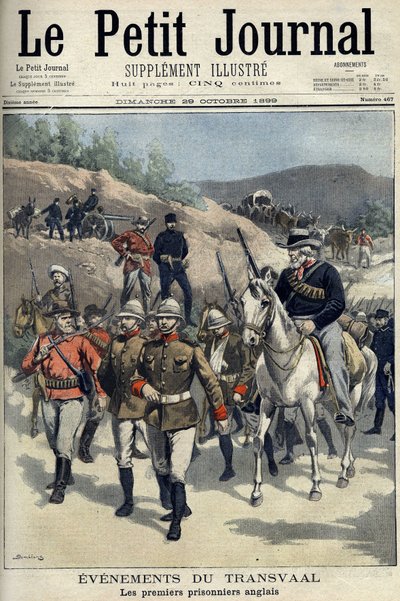 Afrique du Sud - Guerre des Boers. Événements du Transvaal. Premiers prisonniers anglais capturés par les Boers. Dessin de Damblans. « Le Petit Journal », 29 octobre - Eugene Damblans