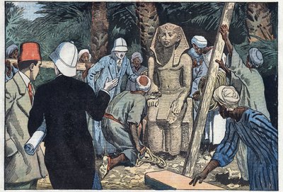 La mission archéologique française découvre une statue de Sésostris III adolescent qui sera apportée au Louvre. Médamoud, ancienne Thèbes, Égypte. Illustration de Damblans. Dans « Le Pèlerin » du 22 novembre - Eugene Damblans