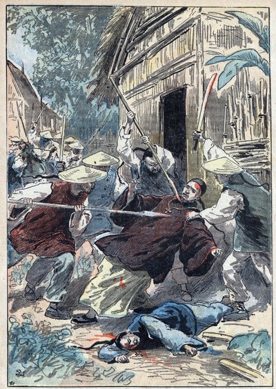 Le prêtre français Berthollet, missionnaire des Missions Étrangères, assassiné par des gardes nationaux chinois près de la ville de Yun Ngan Cheou le 21 avril 1898. Illustration de Damblans dans « Le Pèlerin » du 10 juillet - Eugene Damblans