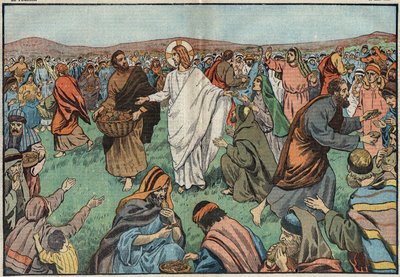 La multiplication des pains : sur les rives du lac de Tibériade, Jésus-Christ satisfait la population en multipliant cinq pains d