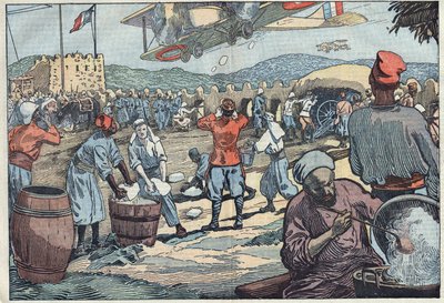 Guerre au Maroc : des avions français approvisionnent en glace un blockhaus assiégé par des dissidents marocains. Illustration de Damblans. Dans « Le Pèlerin » du 24 mai. - Eugene Damblans
