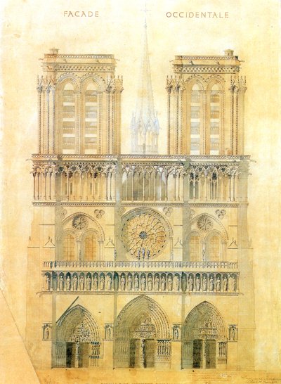 Projet de restauration de la façade ouest de la cathédrale Notre-Dame de Paris avec reconstruction de la flèche au croisement, 1843 - Eugene Emmanuel Viollet le Duc