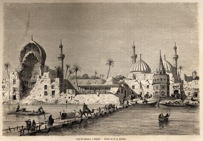 Un pont de bateaux, à Bagdad, dessin pour illustrer son voyage en Mésopotamie de 1840 à 1842. Gravure dans « Le tour du monde » 1861. Collection Selva - Eugene Flandin