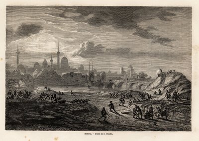 Vue de Mossoul (Irak), sur les rives du Tigre, dessin par Eugène Flandin, pour illustrer l