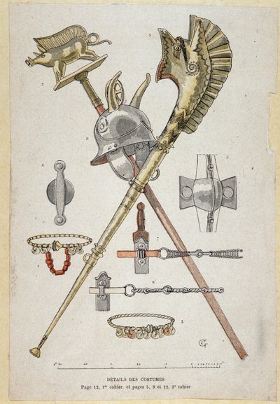 Accessoires du guerrier gaulois : bannière décorant un saglier, casque et carnyx - dans "Cahiers d