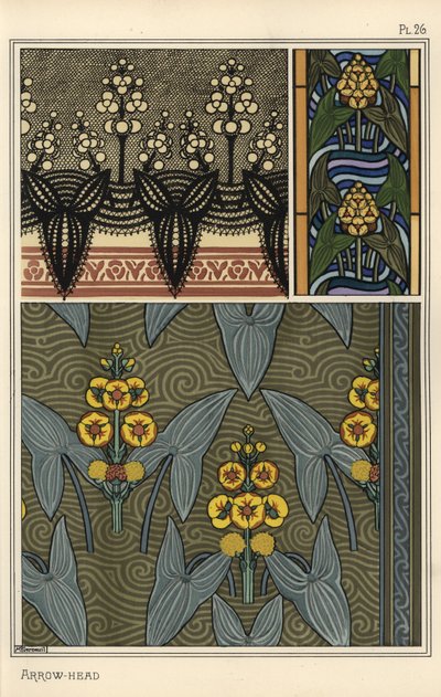 Sagittaire, Sagittaria sagittifolia, comme motif de design en broderie, vitrail et motifs de tissu - Eugene Grasset
