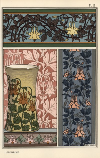 Fleur de colombine, Aquilegia vulgaris, dans des motifs pour papier peint, tissu et vase - Eugene Grasset