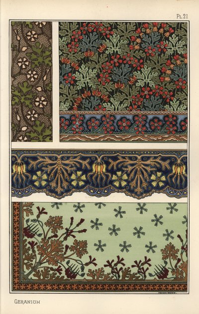 Motif de géranium dans des motifs de papier peint, bordure et tissu - Eugene Grasset