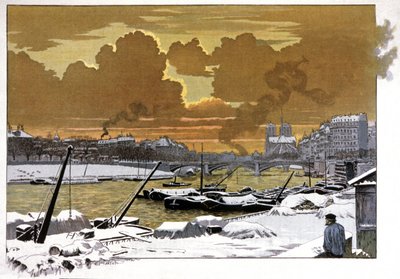 Paris, péniches sous la neige au Pont de Sully, c.1905 - Eugene Grasset