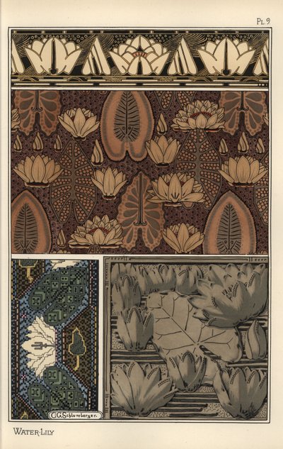 Le nénuphar, Nelumbo lutea, en tissu, tapisserie au point de croix et motifs en relief. Lithographie de C. G. Schlumberger - Eugene Grasset
