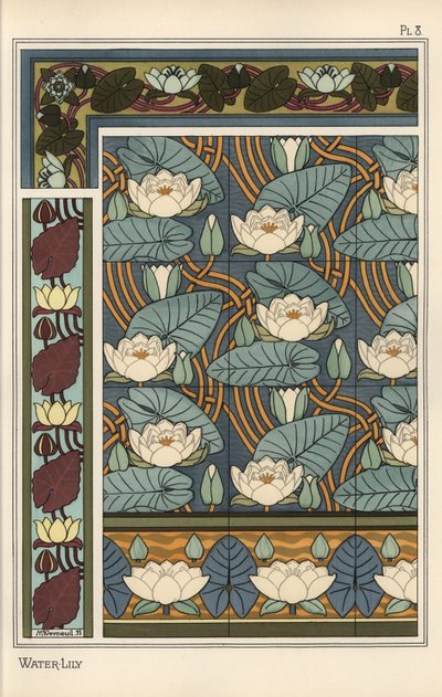Le nénuphar, Nelumbo lutea, dans des motifs de papier peint et de carreaux - Eugene Grasset