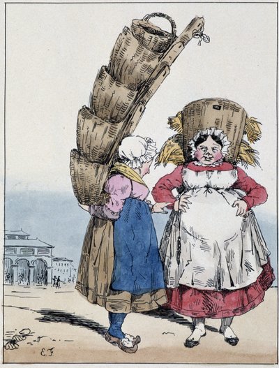La halle : deux femmes parlant et portant des paniers - dans "Souvenirs d