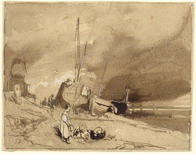 Bord de Plage (Bateaux de pêche sur une plage, nuages d