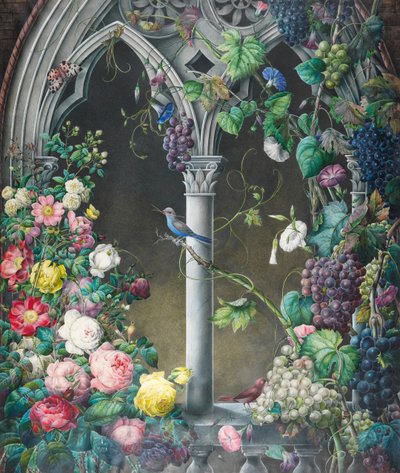 Bouquets de roses, ipomées et vignes, autour d