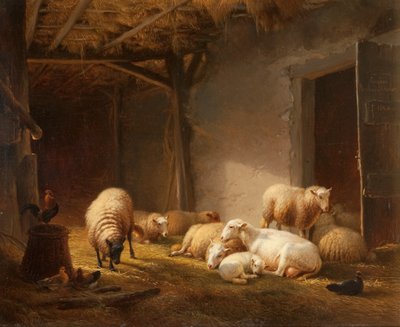 Une grange ensoleillée avec des brebis, des agneaux et des poules - Eugene Joseph Verboeckhoven