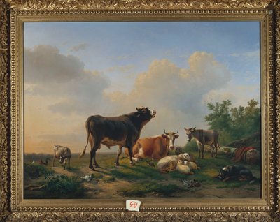Un taureau, une vache, un âne, une chèvre, des moutons et de la volaille dans un paysage étendu - Eugene Joseph Verboeckhoven