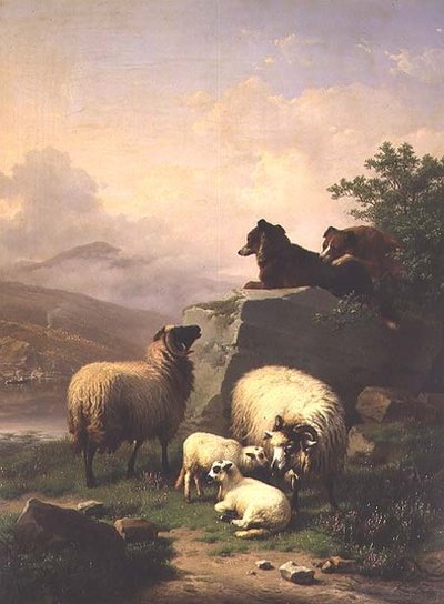 Moutons et agneaux avec deux chiens dans un paysage fluvial - Eugene Joseph Verboeckhoven