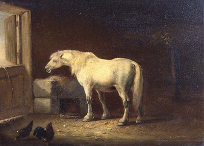 Cheval blanc dans une écurie - Eugene Joseph Verboeckhoven