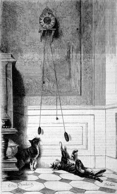 Deux chatons jouant avec une horloge. Illustration par Eugene Lambert. Gravure. - Eugene Lambert