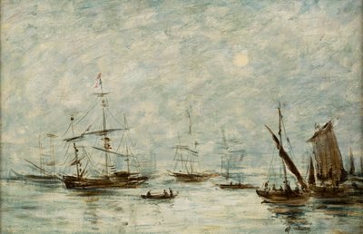 Bateaux amarrés dans un port - Eugene Louis (attr.to) Boudin