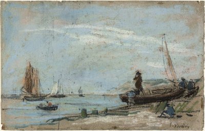 Plage avec bateaux de pêche et charbon - Eugene Louis Boudin