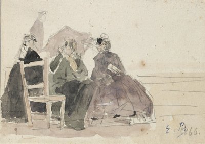 Trois femmes assises sur des chaises sur une plage, fin du XIXe siècle - Eugene Louis Boudin