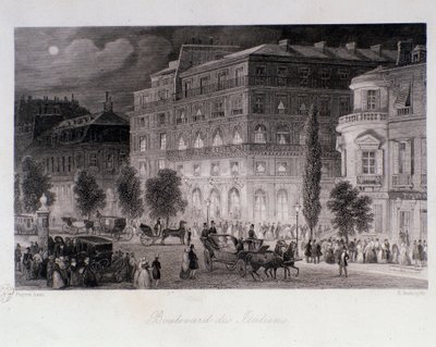 Animation autour des théâtres du boulevard des Italiens à Paris. Gravure d