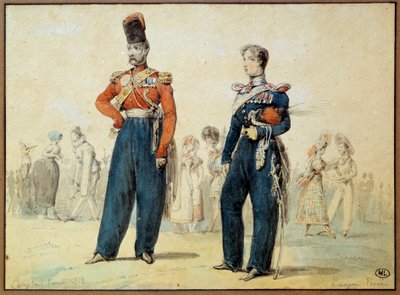 Bal costumé : deux hommes en uniforme militaire - Eugene Louis Lami