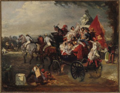 Carrosse avec hommes et femmes en costume sur les Champs-Élysées, 1834 - Eugene Louis Lami