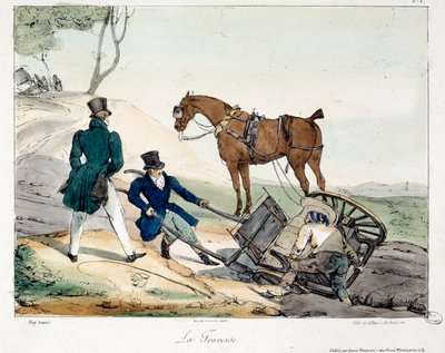 Accident de charrette causé par le rail. Illustration du livre « La vie de château ». Gravure d