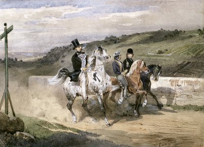 Horace Vernet et ses enfants à cheval dans la campagne - Eugene Louis Lami