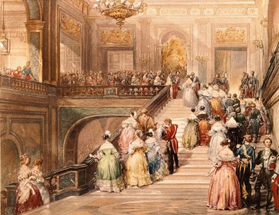 Le roi Louis-Philippe Ier (1773 - 1850) et la reine Marie-Amélie de Bourbon (1782 - 1866) reçoivent les invités à l