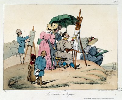 Amoureux des paysages. Peintres présentés regroupés pour peindre un paysage maritime. Illustration du livre la vie de château - Eugene Louis Lami