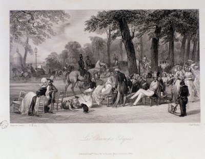 Passagers et promeneurs sur les Champs-Élysées à Paris. Gravure d