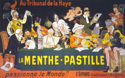 Affiche caricaturale sur la Conférence de paix à La Haye en 1899 : « À la Cour de La Haye, la pastille de menthe - passionne le monde ! » par Eugène Ogé (1861 - 1936) - Eugene Oge
