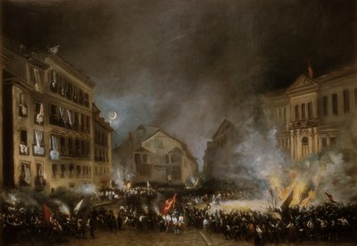 Épisode de la Révolution de 1854 à la Puerta del Sol à Madrid. Peinture d